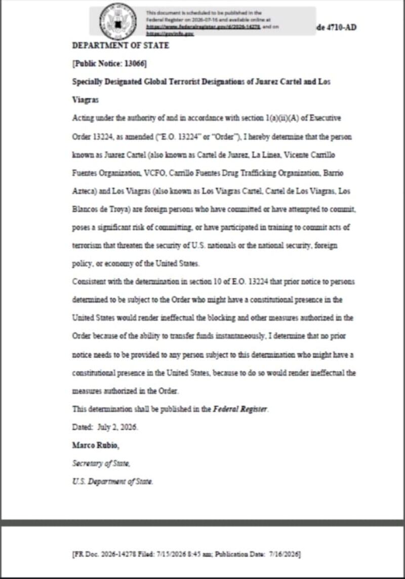 Documento del Departamento de Estado de EUA