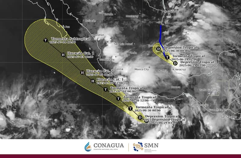 Temporada de tormentas tropicales en México. Mapa con las trayectorias de 'Flossie' y 'Barry'.