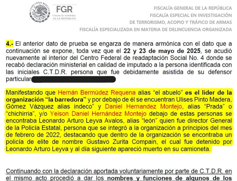 La detención de Leonardo Arturo Leyva Avalos, alias "León" o "El Carnal", ex director General de la Policía Estatal de Tabasco, se originó porque el cerebro financiero de "La Barredora", C.T.D.R., lo delató como parte del primer círculo de operación de la organización criminal que comandaba Hernán Bermúdez Requena. Documento de la FGR