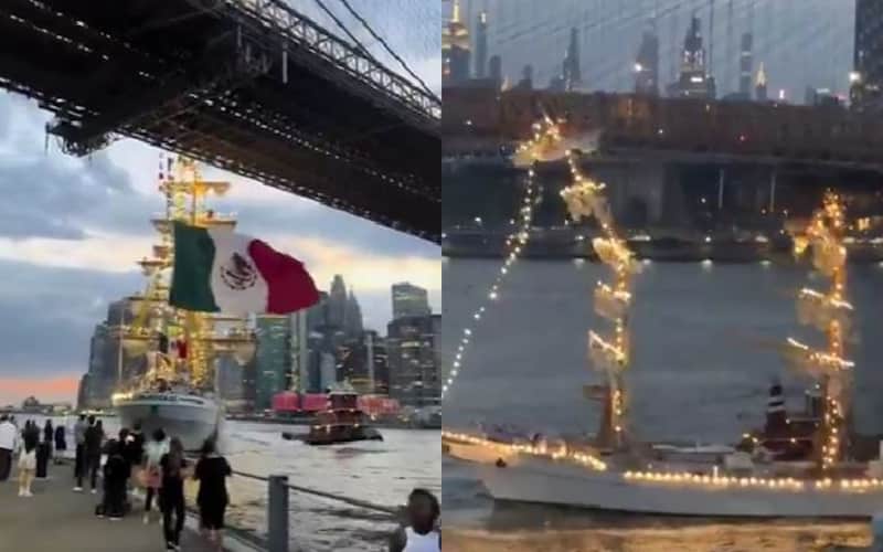El Buque chocó con el Puente de Brooklyn Buque Escuela Cuauhtémoc en Brooklyn, Nueva York