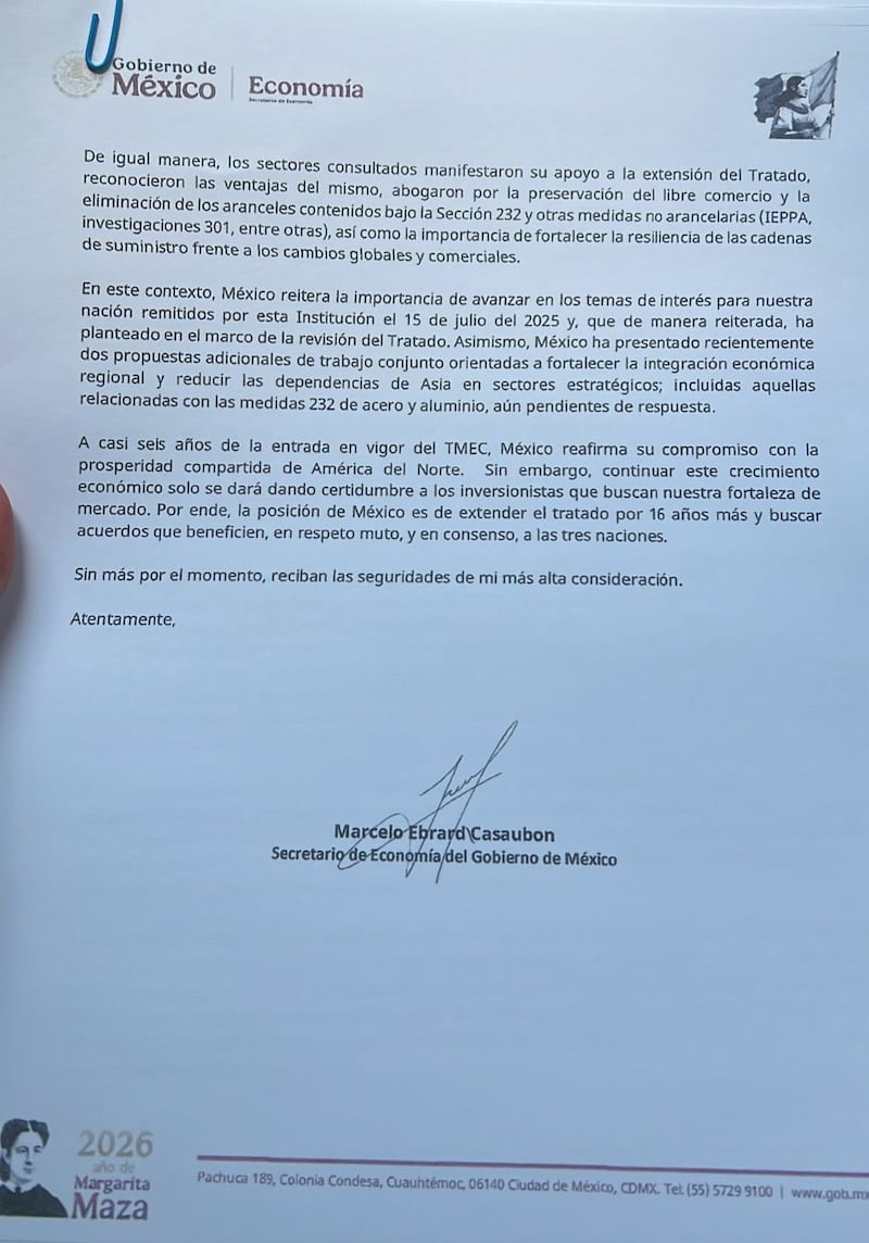El gobierno de México propuso de manera formal a EUA y Canadá prorrogar la vigencia del tratado comercial por 16 años más. Misiva de Marcelo Ebrard
