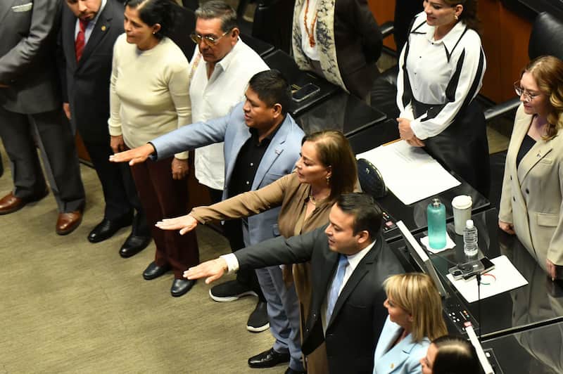 Erasmo Catarino, Edna Geraldina García, y Raymundo Bolaños, durante la sesión extraordinaria del Senado de la República en la que se discute la Ley Reglamentaria del Servicio Ferroviario. Erasmo Catarino tomando protesta en la Cámara de Senadores.