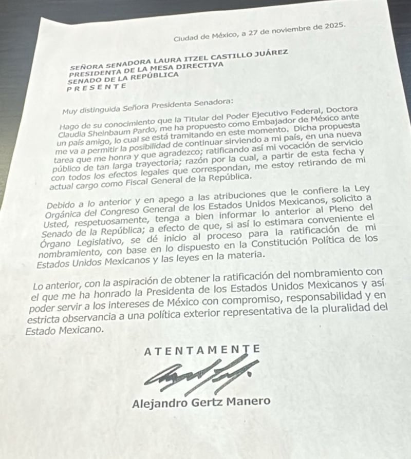 Carta de renuncia de Gertz Manero renuncia de gertz manero