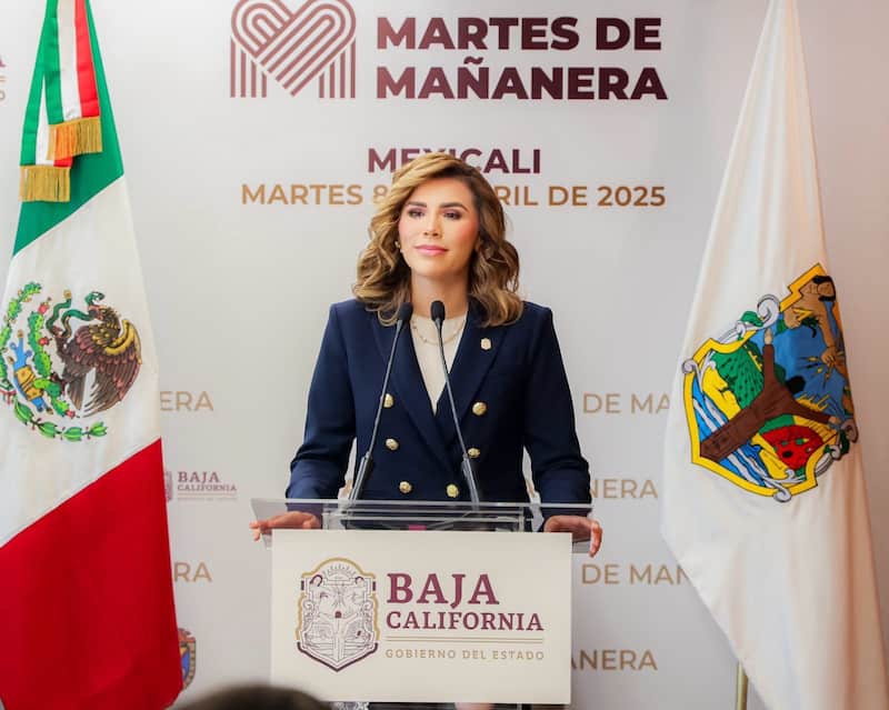 La gobernadora de Baja California, Marina del Pilar. Marina del Pilar en una mañanera desde Mexicali, BC.