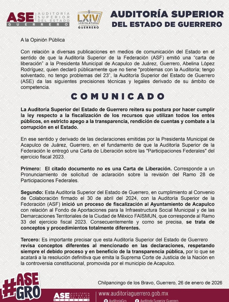 Comunicado de la Auditoria Superior del Estado aclarando la situación fiscal de la edil morenista Abelina López