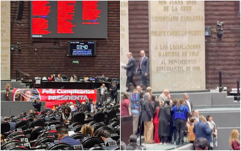 Diputados de la 4T en San Lázaro. Collage de imágenes que muestra manta del PT para felicitar a Sheinbaum y diputados de la 4T cantando mañanitas a la presidenta.