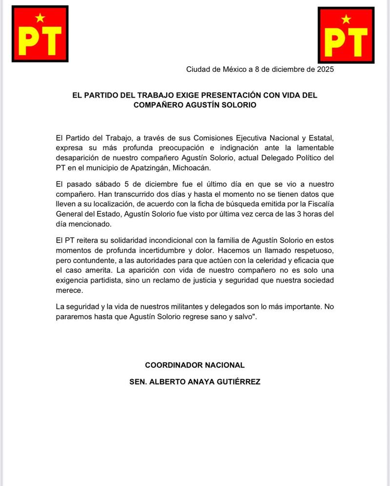 PT condenó desaparición del delegado PT, Agustín Solorio, en Michoacán Reporte desaparición del delegado PT, Agustín Solorio, en Michoacán