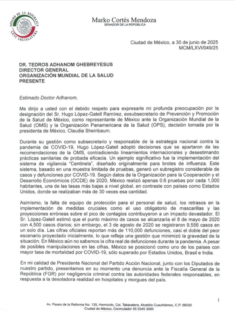 Carta Marko Cortés a la OMS sobre López Gatell.
