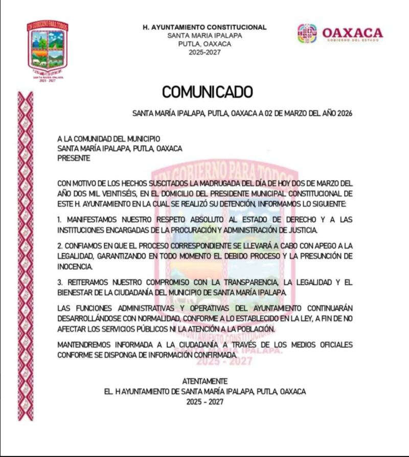 Comunicado detención alcalde Santa María Ipalapa Oaxaca