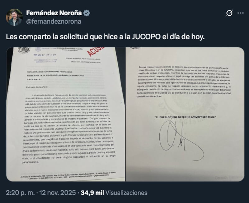Solicitud de Noroña para excluir al PAN de la Jucopo