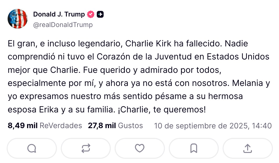 Donald Trump confirma la muerte de Charlie Kirk