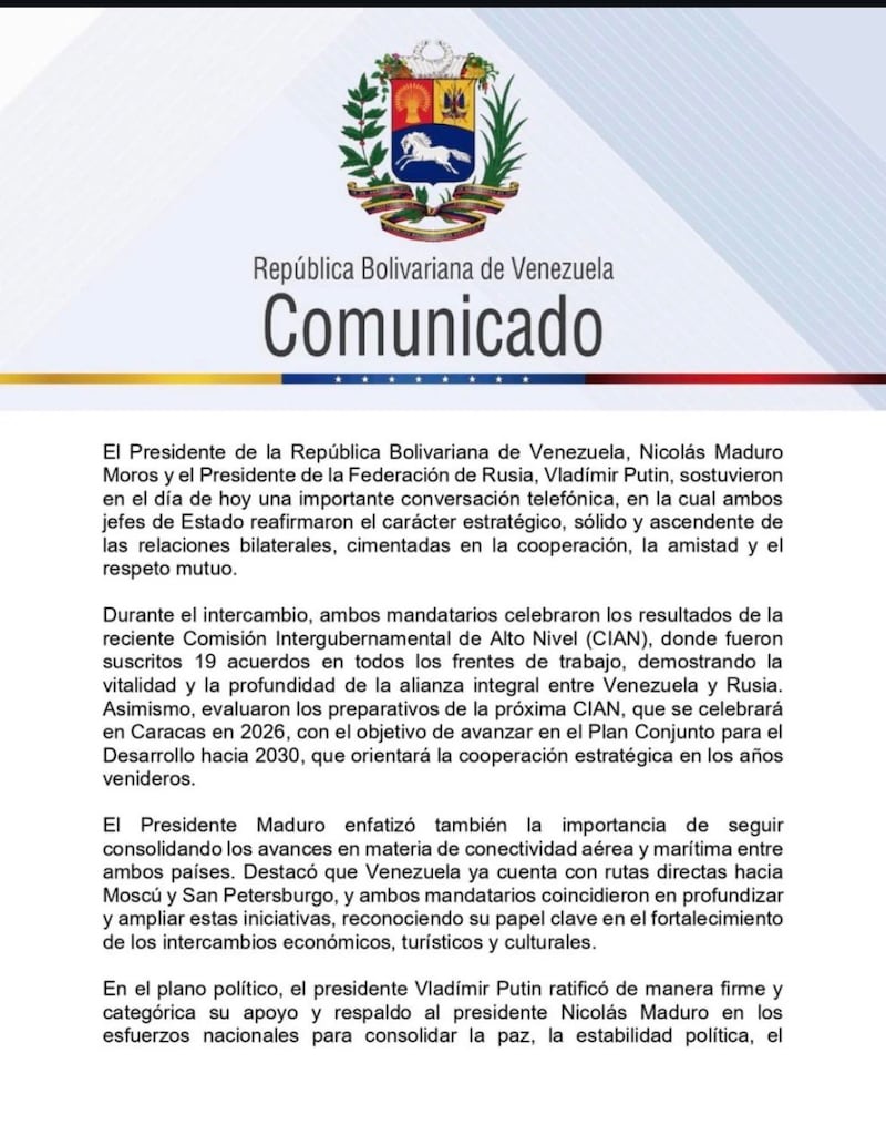 Comunicado llamada Maduro-Putin Pt.1
