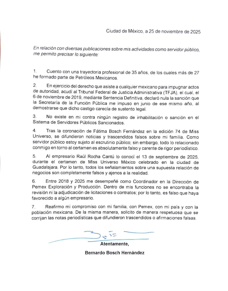 Comunicado de Bernardo Bosch, funcionario de Pemex bernardo bosch comunicado