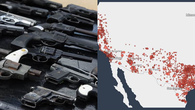 Traficantes de armas de EUA a México. Este mapa muestra la venta de armas de traficantes estadounidenses a México.