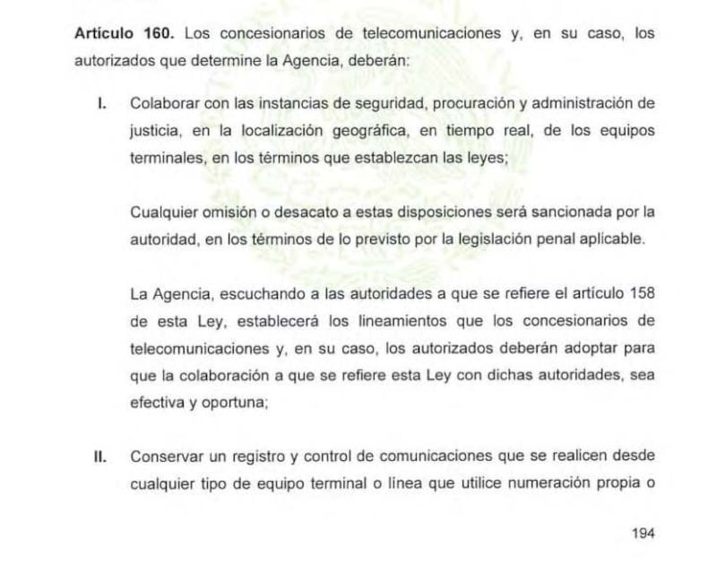 Artículo 160 Ley de Telecomunicaciones