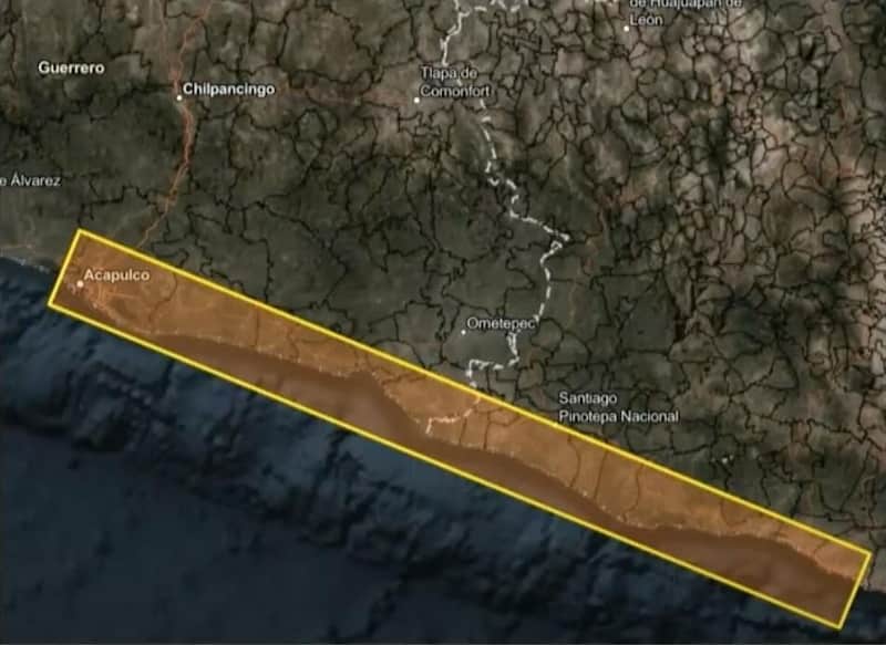 Zona de impacto de huracán 'Erick'. Franja en mapa que indica la posible zona donde impactaría 'Erick'.