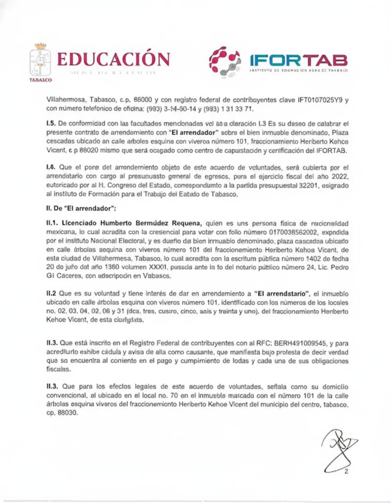 Contrato Hermano de Hernán Bermúdez en Tabasco Contrato Hermano de Hernán Bermúdez en Tabasco