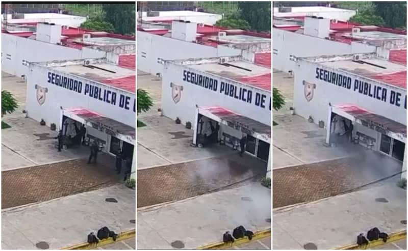 Esta mañana se presentó un ataque con drones contra el edificio de la policía municipal de la alcaldía de Uriangato, Guanajuato. Imágenes del momento del ataque