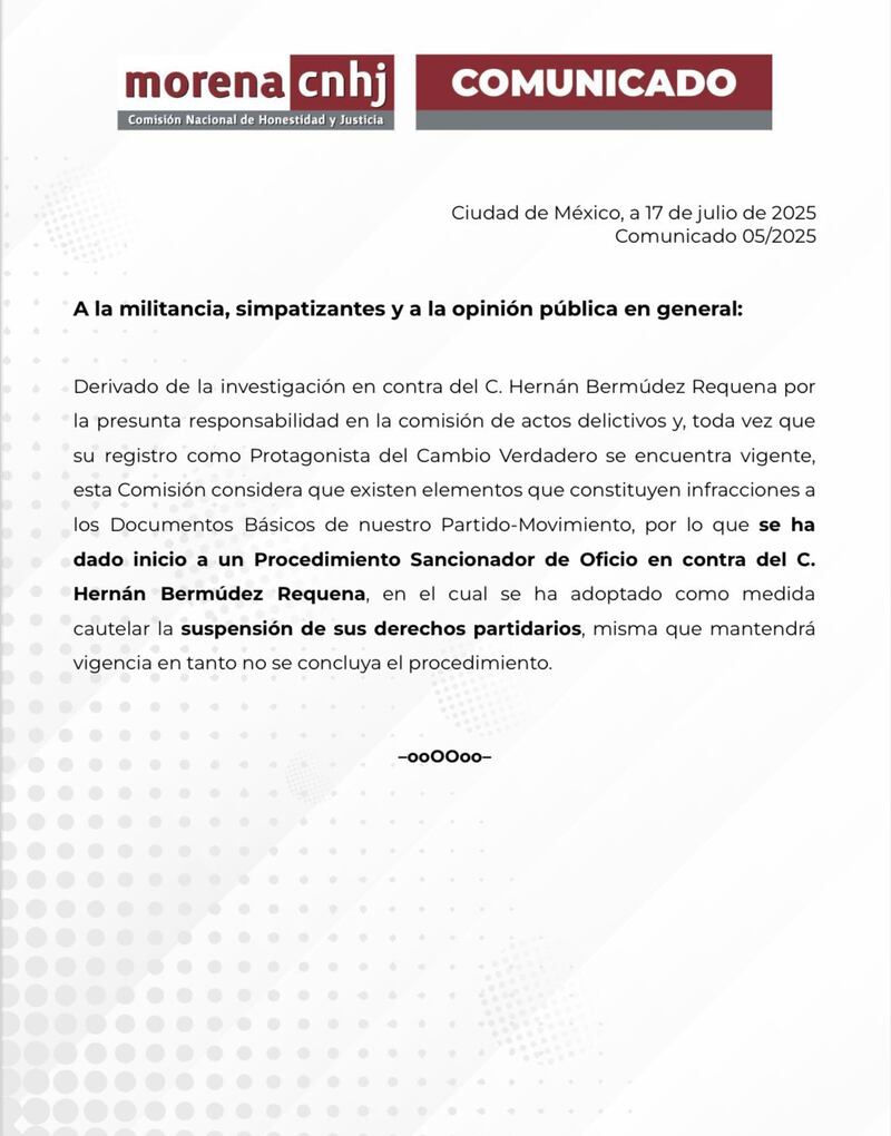 CNHJ Morena sobre Hernán Bermúdez