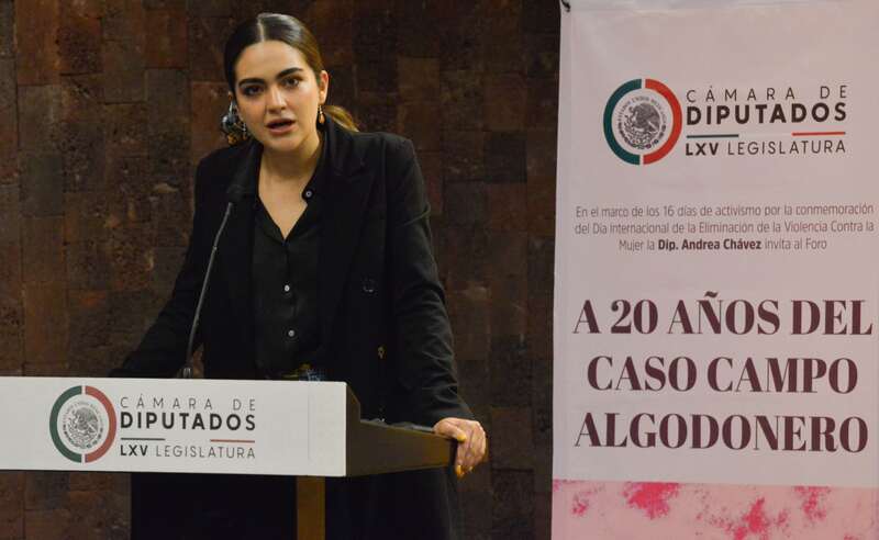 La senadora afirma que el PAN la persigue con dinero público. Andrea Chavéz durante la conmemoración de un evento.