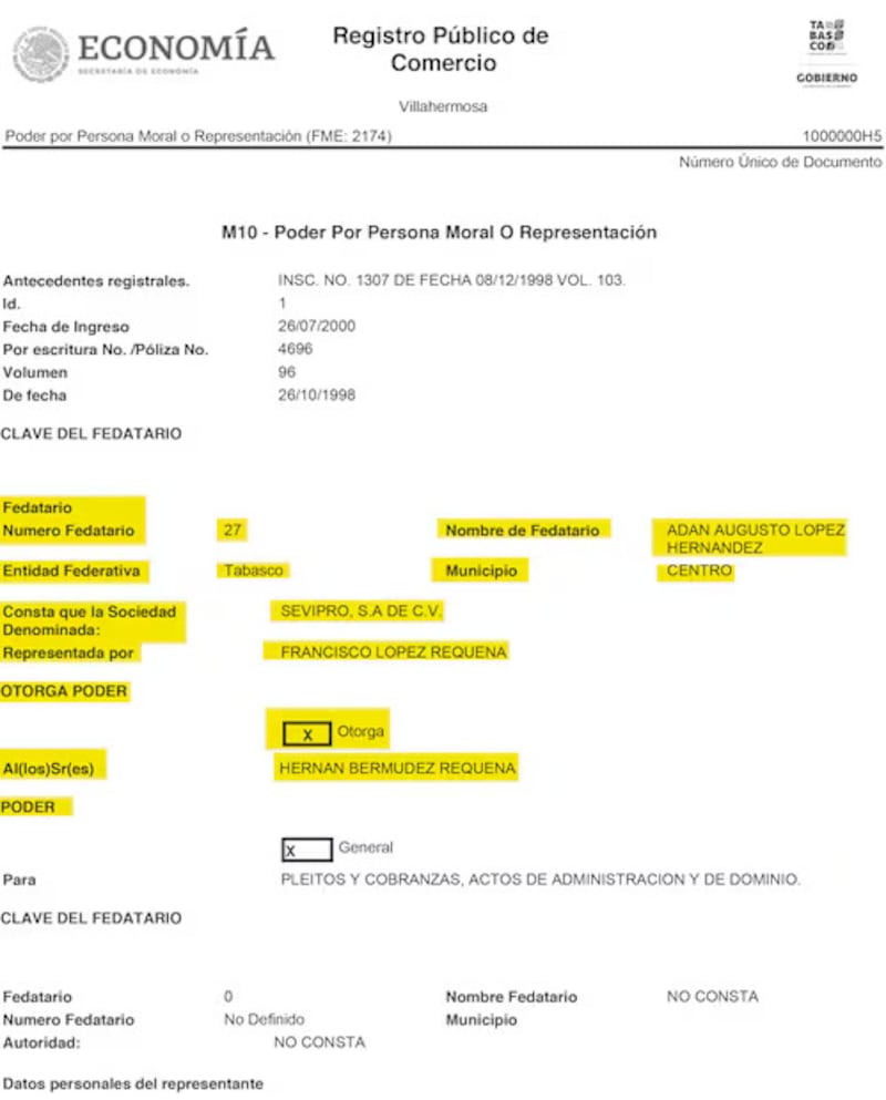 Documento de Registro Público de Comercio. Documento Registro Público
