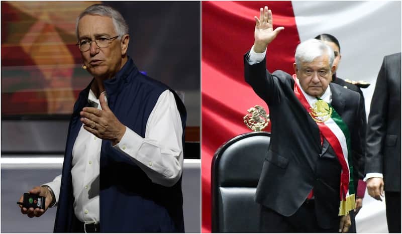 Ricardo Salinas Pliego y Andrés Manuel López Obrador. El empresario Ricardo Salinas hablando en un evento y el expresidente de México Andrés Manuel López Obrador en la toma de posesión de Claudia Sheinbaum.