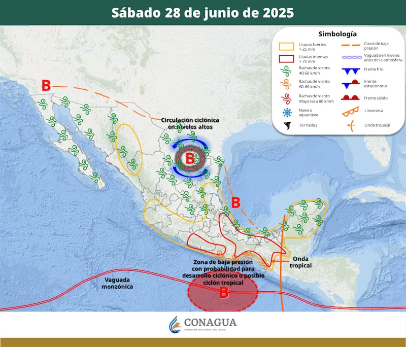 Pronóstico de lluvias sábado 27 de junio 2025