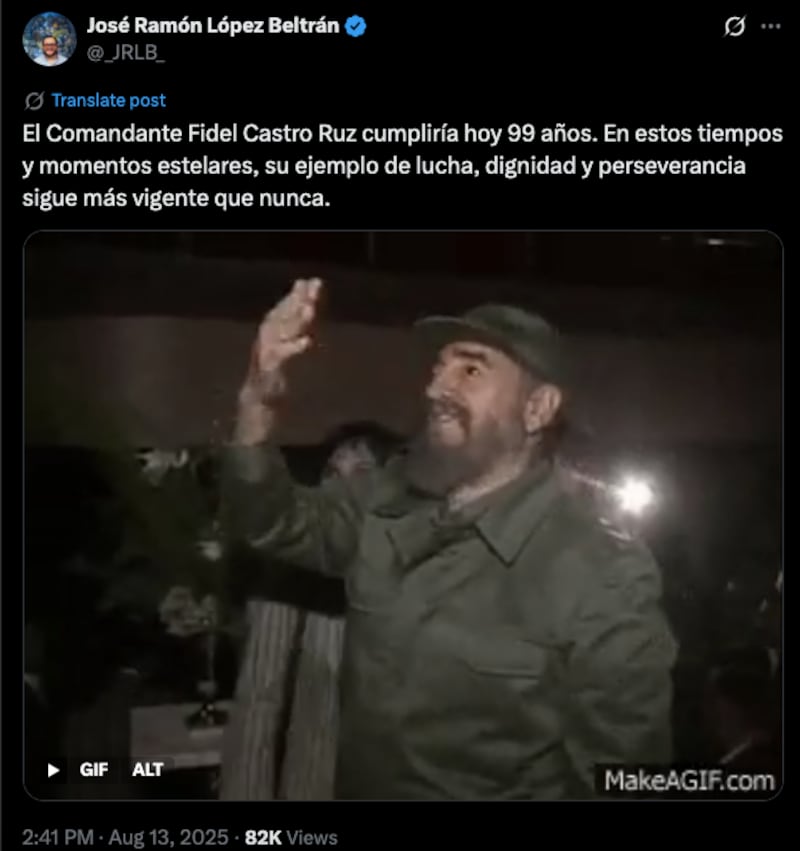 Tuit de JR López Beltrán sobre Fidel Castro