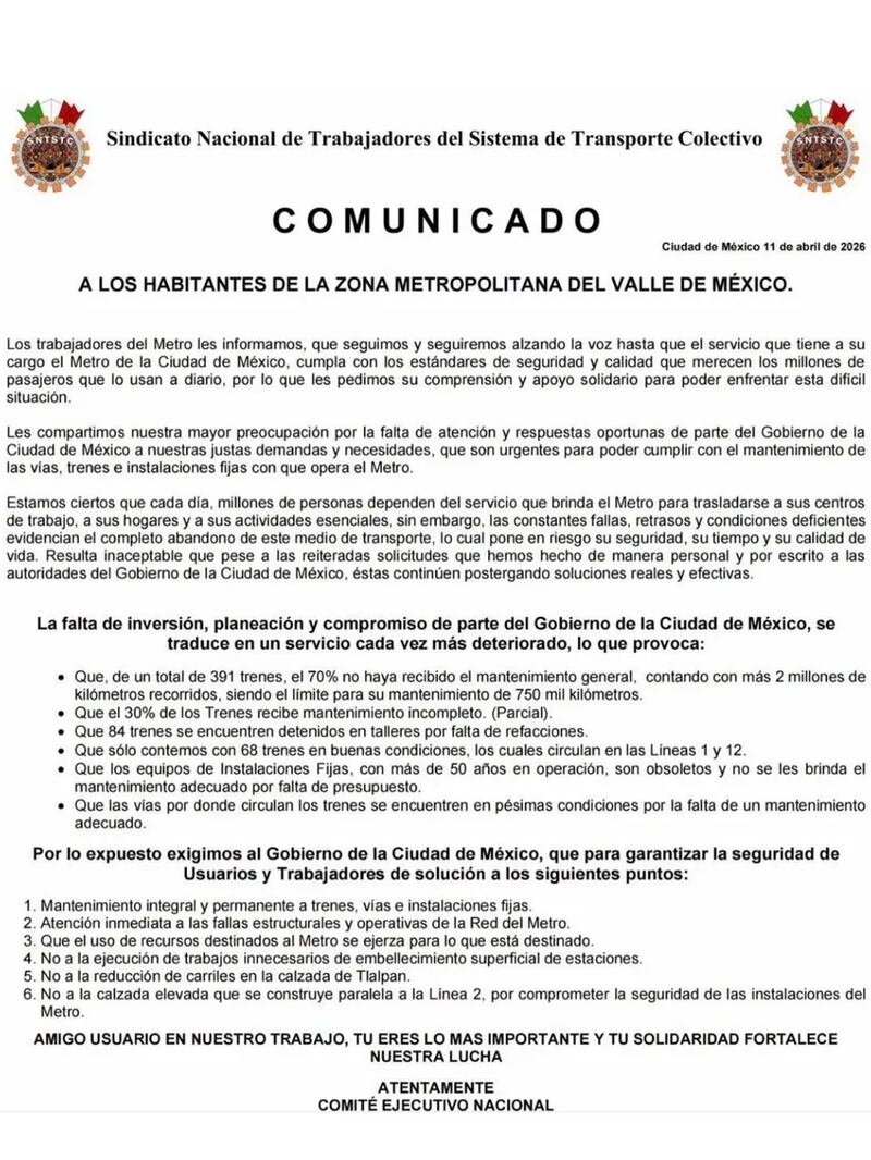 Comunicado trabajadores del STC Metro Comunicado trabajadores del STC Metro