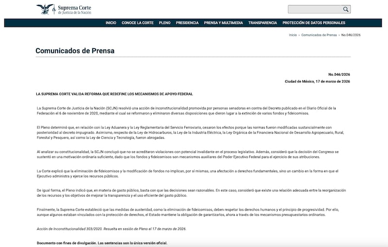 SCJN Comunicado de prensa