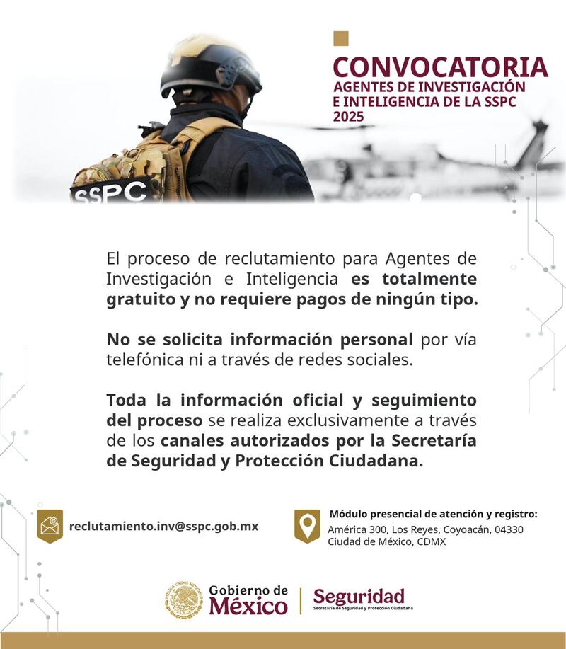 La SSPC inicia un proceso de reclutamiento para integrar nuevos Agentes de Investigación e Inteligencia, buscando perfiles comprometidos con la seguridad nacional Convocatoria SSPC 2025