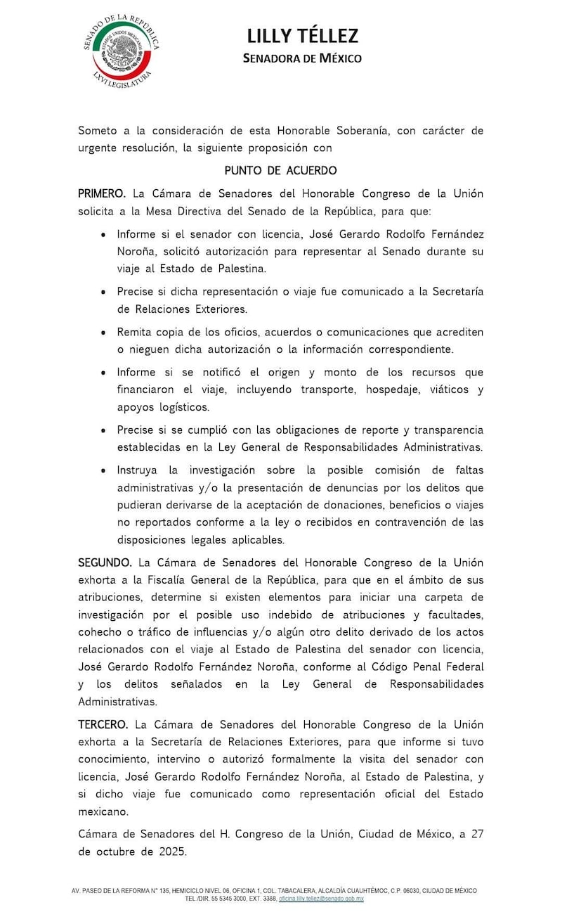 La senadora panista, Lilly Téllez, solicitó al Senado, a la FGR y la SRE esclarecer el viaje del polémico legislador de Morena, Gerardo Fernández Noroña. Punto de Acuerdo Lilly Téllez