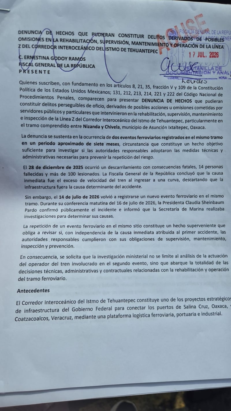 Denuncia del PAN tras descarrilamiento del Tren Interoceánico