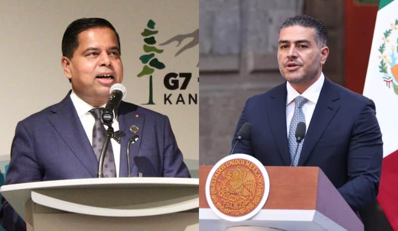 El secretario de Seguridad y Protección Ciudadana, Omar García Harfuch, sostuvo una conversación telefónica con su homólogo de Canadá, el ministro Gary Anandasangaree, a fin de fortalecer la colaboración bilateral en materia de seguridad. dos hombres dan discurso