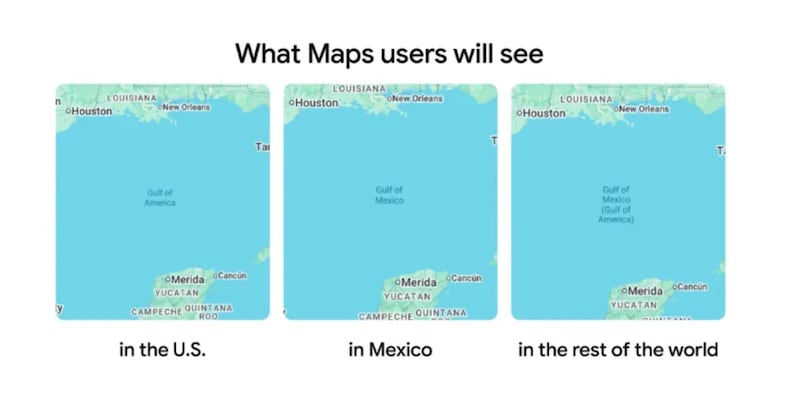 El Golfo de México ahora aparece como “Golfo de América” para los usuarios en Estados Unidos. Golfo de México y Golfo de América en Google Maps